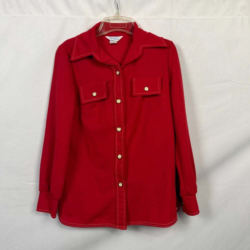 Vintage 70s Sears Fashions Red Polyester Contrast Stitch Top Women's Sz 12